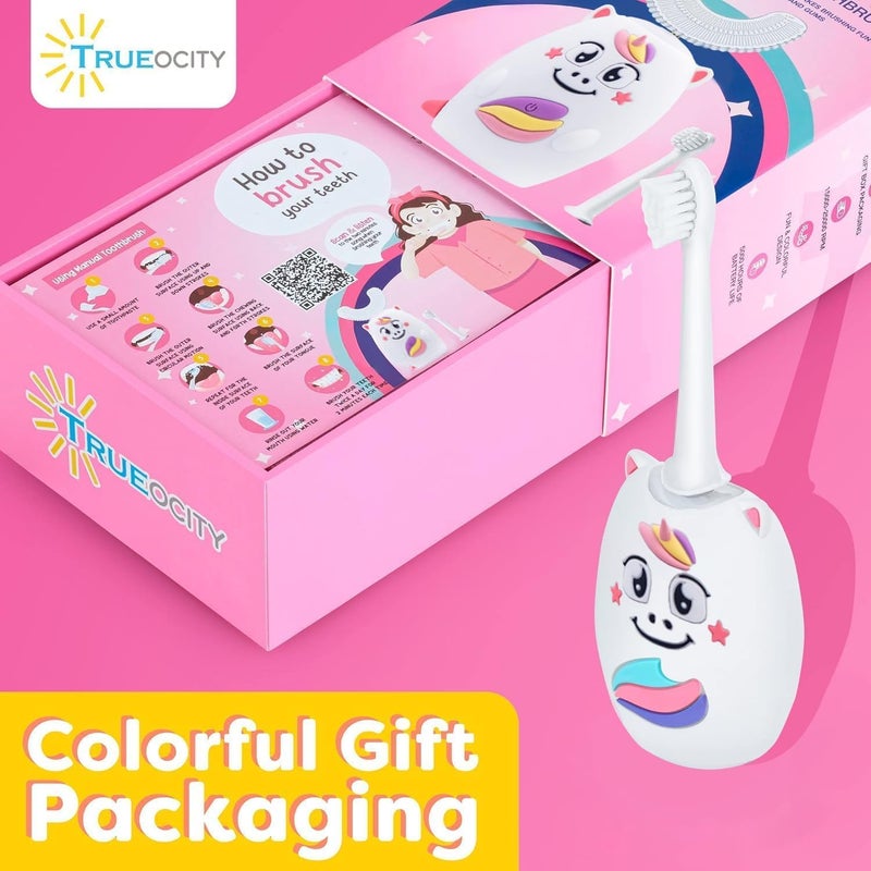 Trueocity Kids U Shape Toothbrush Auto Electric Toddler Rechargeable Kids Automatic Toothbrush | 360° U-Shaped Silicone Brush Head | Gentle Cleaning for Ages 2–7 | Unicorn Design (Pink) - Image 5